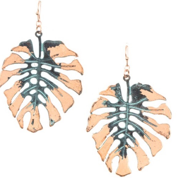 Jewelry - Patina Copper Monstera Palm Leaf Cut Out Earrings